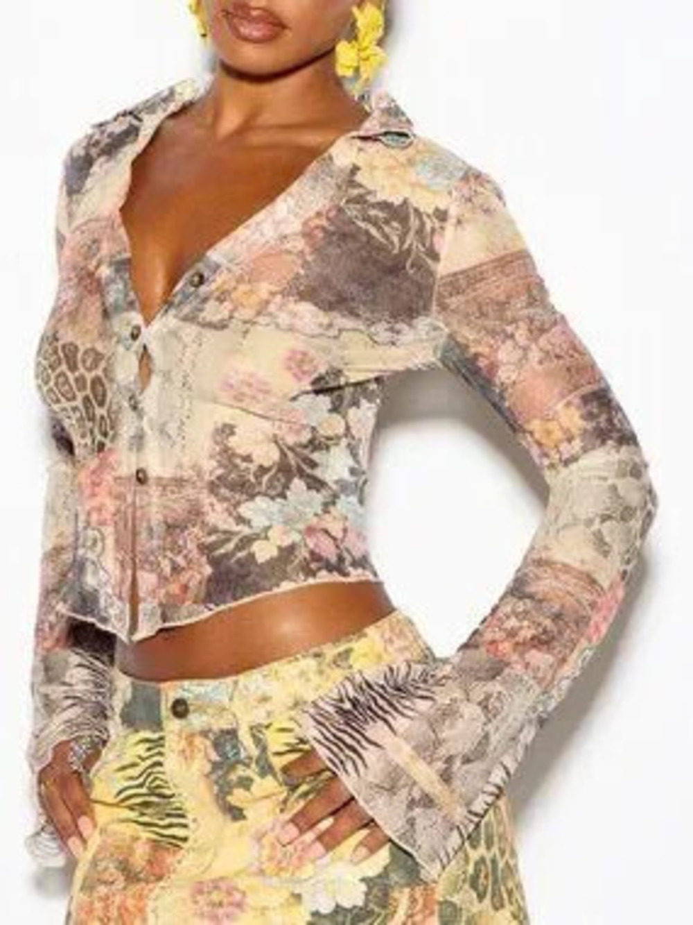 Multicolor Casual Women's Patchwork Mixed Animal Floral Print Mesh Crop Top
